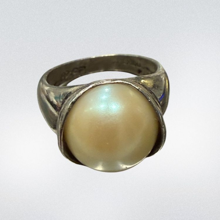 Vintage MCM Mexico Sterling Silver Genuine Pearl Ring Size 5.5, 5.8g