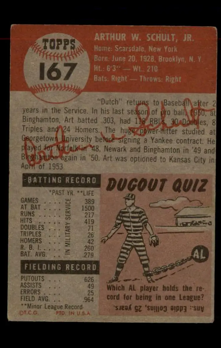 1953 Topps #167 Art Schult - (pk-tl1) - New York Yankees