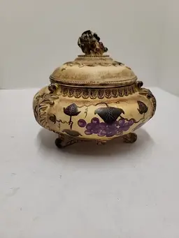Ceramic Decorative Lidded Bowl With Fruit And Floral Design