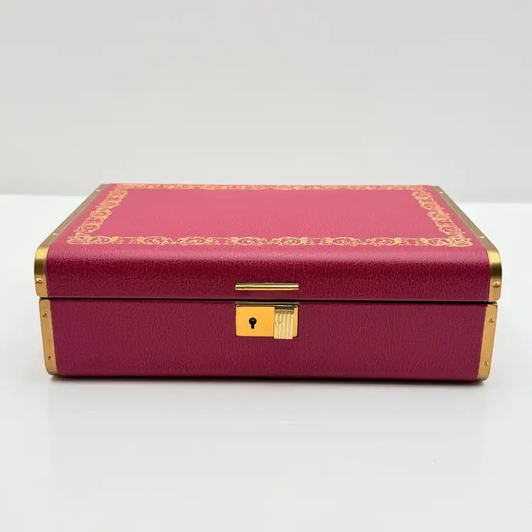 Farrington Faux Red Deep Pink Leather Jewelry Box With Gold Trim And Key