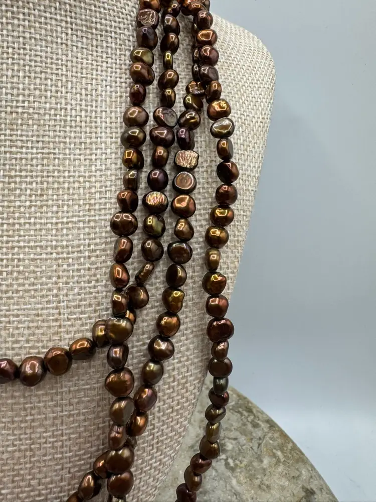 Golden Bronze Brown 100 Inch Strand Of Genuine Pearl & Matching Earrings 18k Gold Plated Fishhooks