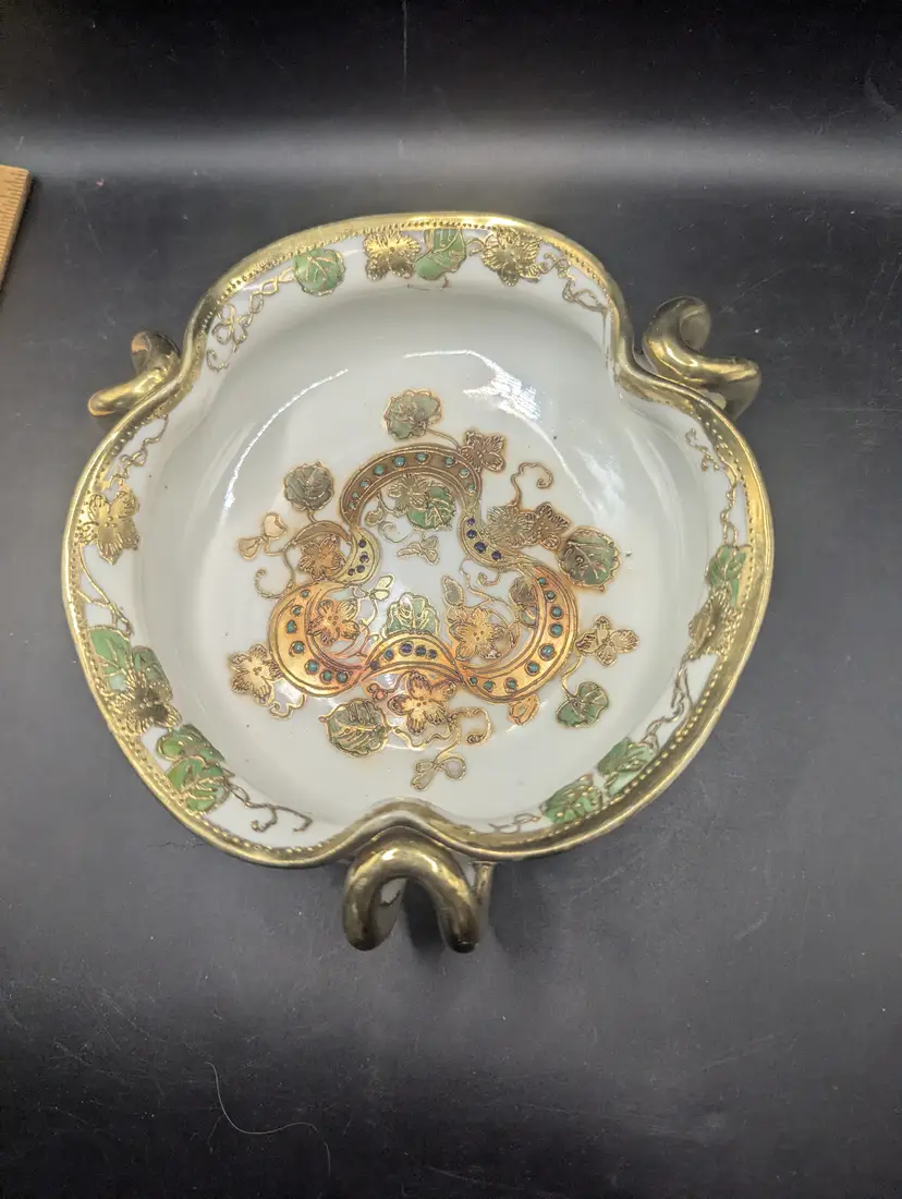 Antique Nippon Maple Leaf Porcelain Fluted Bowl Raised Gold Blue Turquoise Dots.