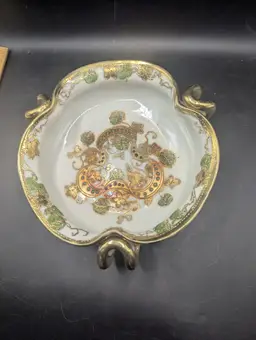 Antique Nippon Maple Leaf Porcelain Fluted Bowl Raised Gold Blue Turquoise Dots.