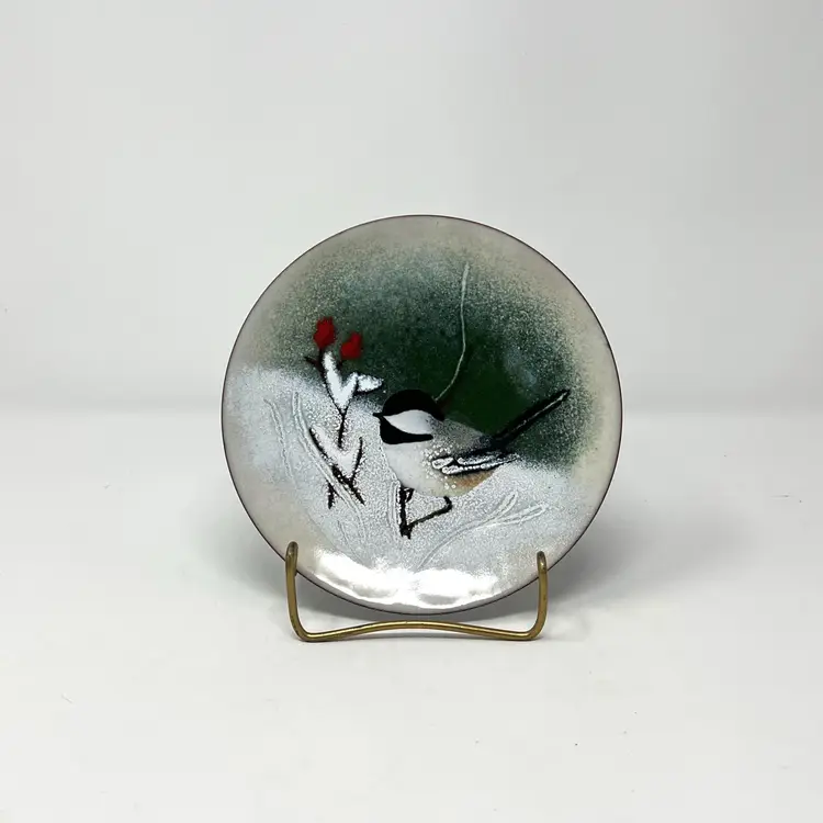 Vintage Norman Brumm Enamel on Copper Decorator Plate, Chickadee Winter Berries, 6" Wall Art
