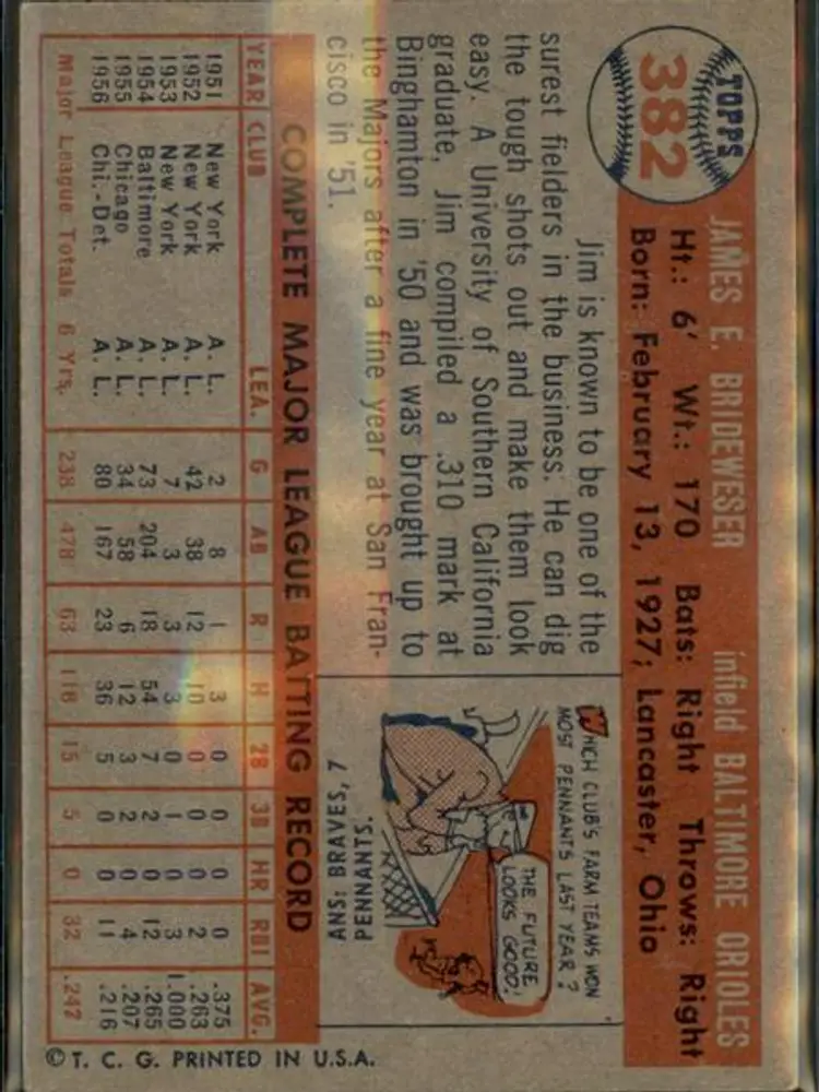 1957 Topps #382 Jim Brideweser - ( pk1 ) - Baltimore Orioles