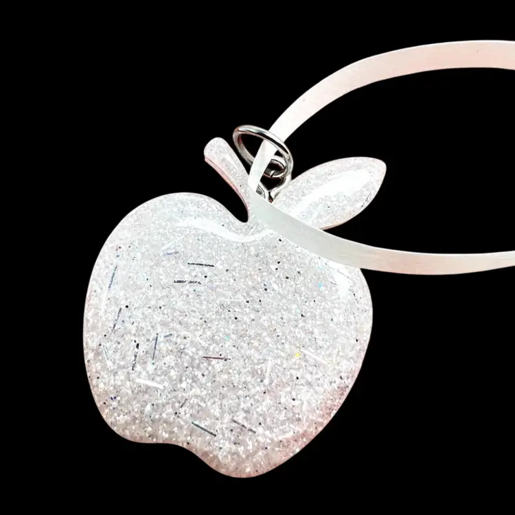 White and Silver Resin & Glitter 1-5/8” Apple Ornament. Add Own Chain & Easily Converts To Necklace! Handmade by me 🫶