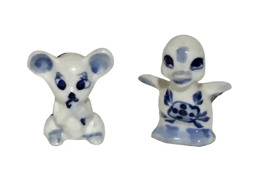 Blue and White Miniature Ceramic Porcelain Duck and Mouse Figurines Otagiri?