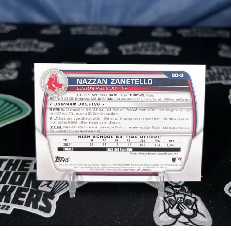 2023 Bowman Draft #BD-3 Nazzan Zanetello 1st Sky Blue /499 Boston Red Sox