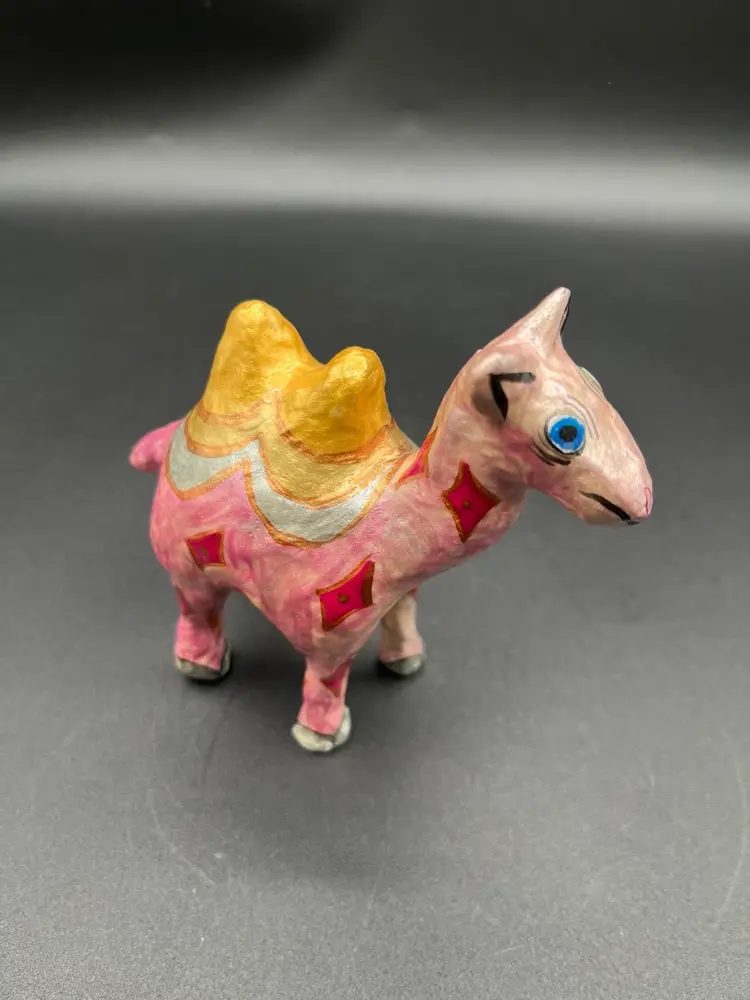 Ukrainian Papier Mache 2001 Folk Art Pink Hand Made Camel Rattle 4.5”