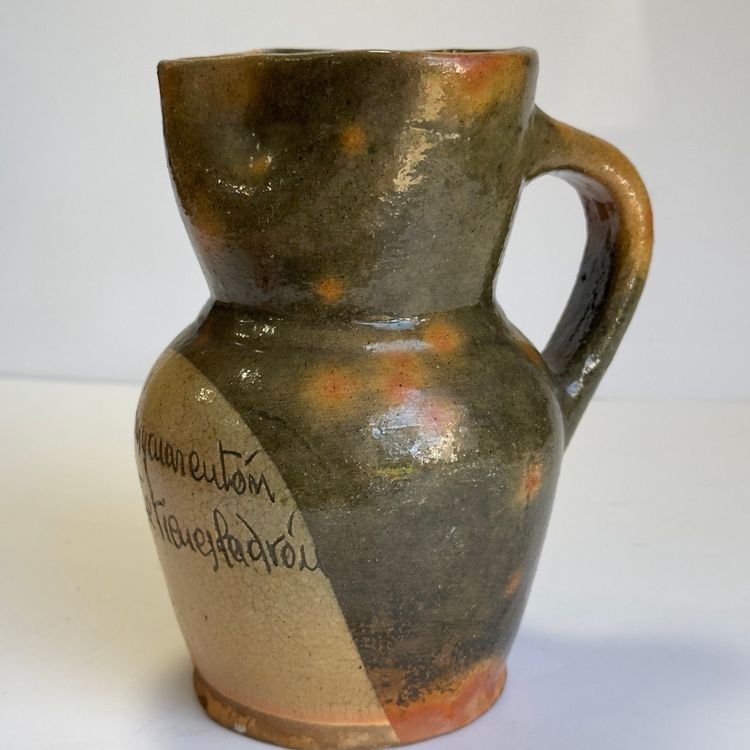 #1481 Hand Made Spanish Pottery Jug Pitcher In Green And Yellow Terracotta Stoneware Rustic Glaze Hand Thrown “Single And Happy How Lucky She Is Translation