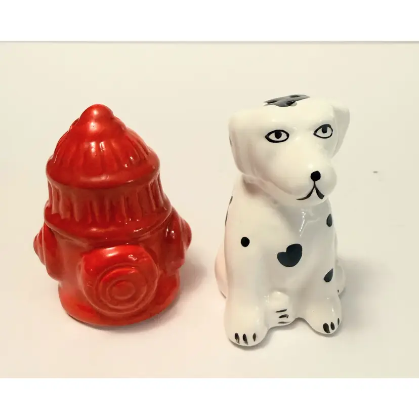 Vintage Salt & Pepper Shakers Figural Dalmation Dog + Fire Hydrant FireFighter