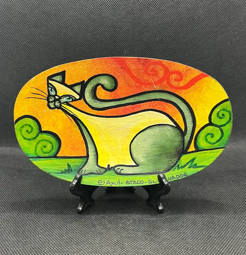 Hand Painted Small Wooden Wall Plaque Whimsical Cat Painting Folk Art , El Salvador
