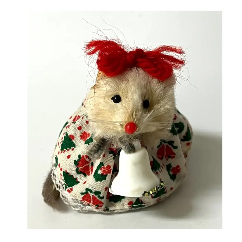 Original Fur Animals Toy Collectible Mouse Christmas Trees Dress Red Bow Holding Bell West Germany 2 in Height