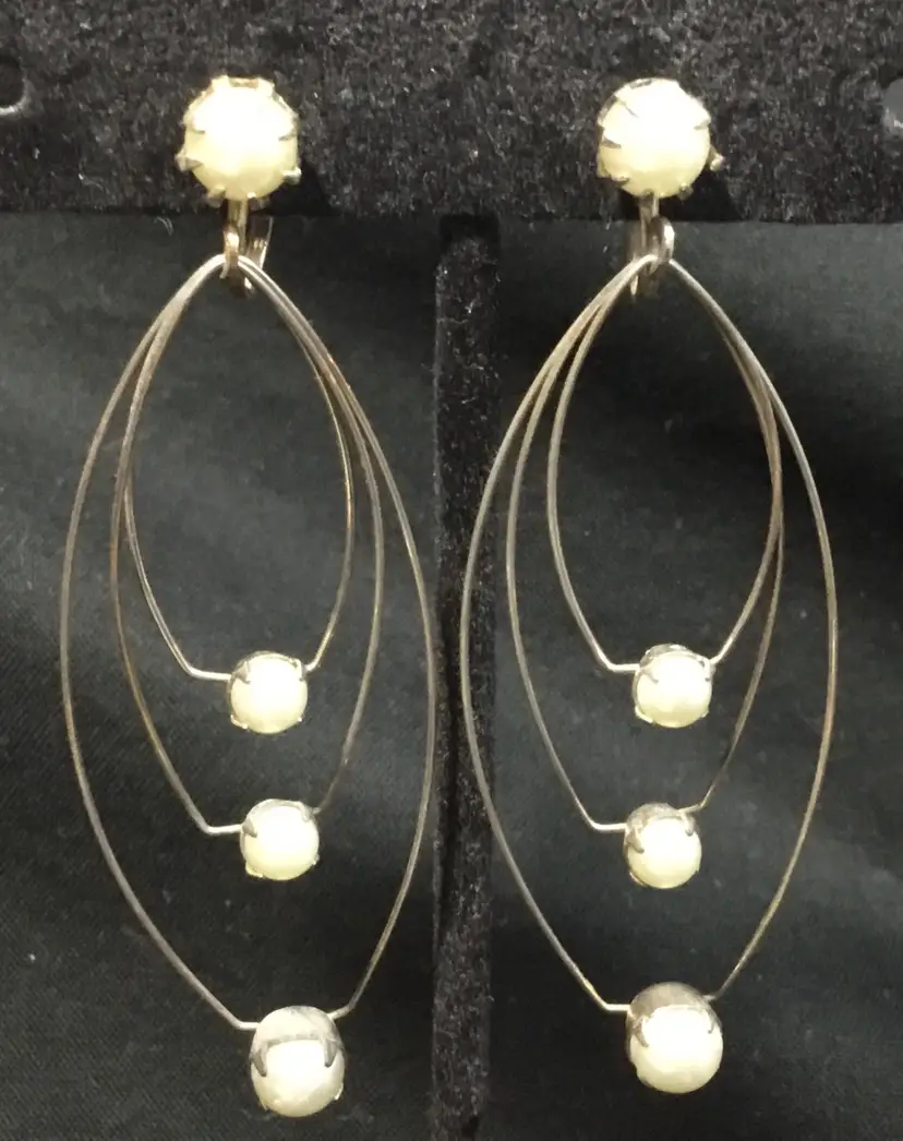 Vintage dangle earrings, 3 loops, screw backs, faux pearls, 2.5" long