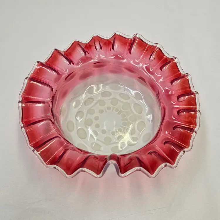 Antique Hobbs Glass Opalescent Coin Dot Cranberry Rim Dish Bowl Hand Blown