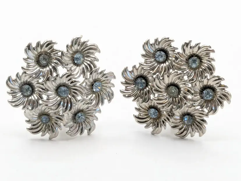 Vintage Silver Tone Floral Clip-On Earrings with Blue Rhinestones