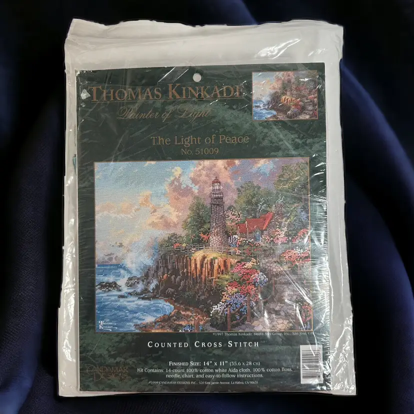 Thomas Kinkade Cross Stitch Kit Lighthouse Ocean Cottage Light Of Peace Sea VTG