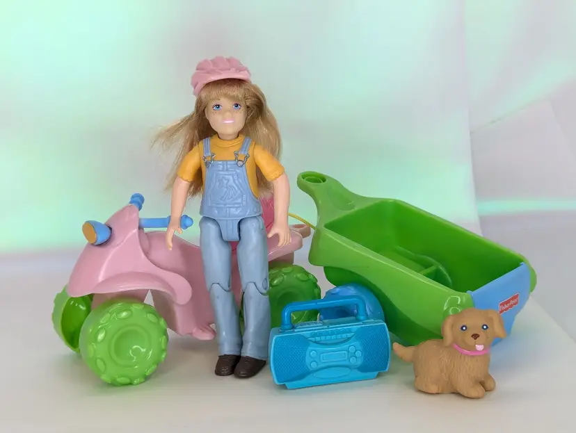 Fisher Price Loving Family Toys R Us exclusive 2008 ATV Fun Set Outdoor Campsite Doll 4 wheeler wagon & Pet dog