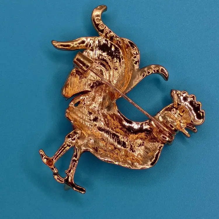 Colorful Rooster Rhinestone Brooch Pendant Gold Tone Red Green Enamel Farm Pin (Inv - #02)