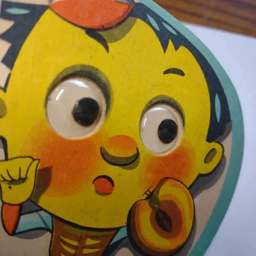 Vintage Paddle Hand Fan Goofy Google Moving Eyes Baseball Catcher Japan 1950's