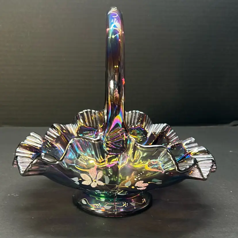 Fenton Amethyst Iridescent Carnival Hand Painted Signed Glass Basket