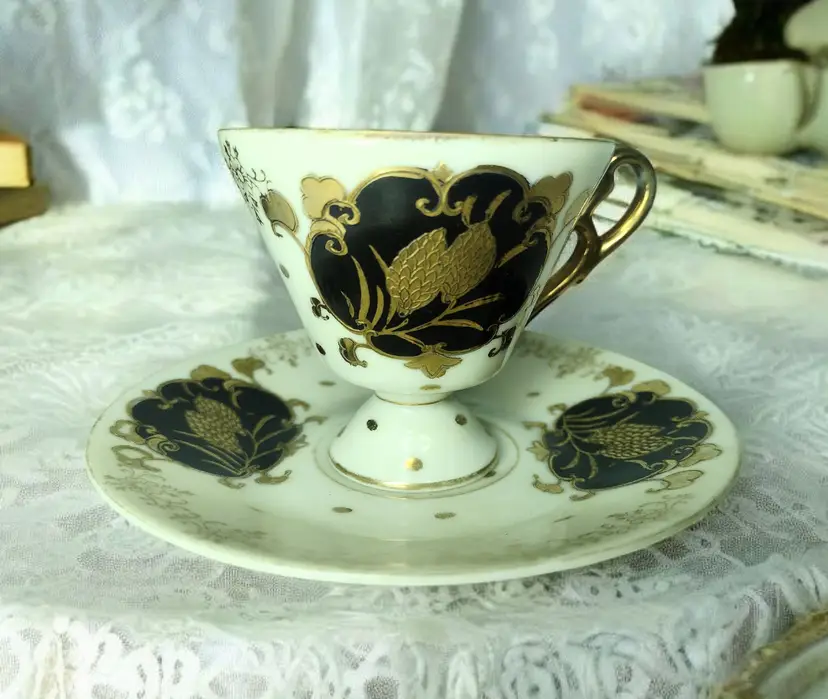 Yoko Boeki Japan Footed Lusterware Teacup Saucer Vintage Black White Floral