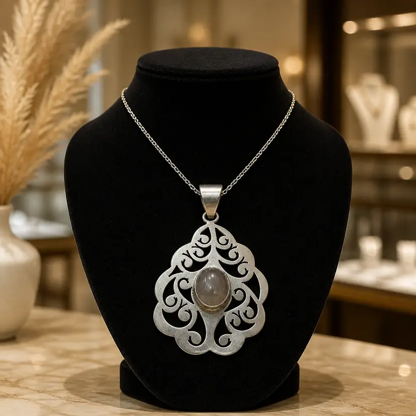 Sterling Silver Pendant w. Oval Rose Quartz Stone, 2'