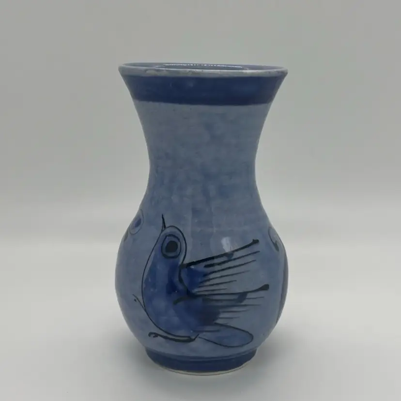 Vintage Blue Tonala Vase Bird Flower Signed 5.5”