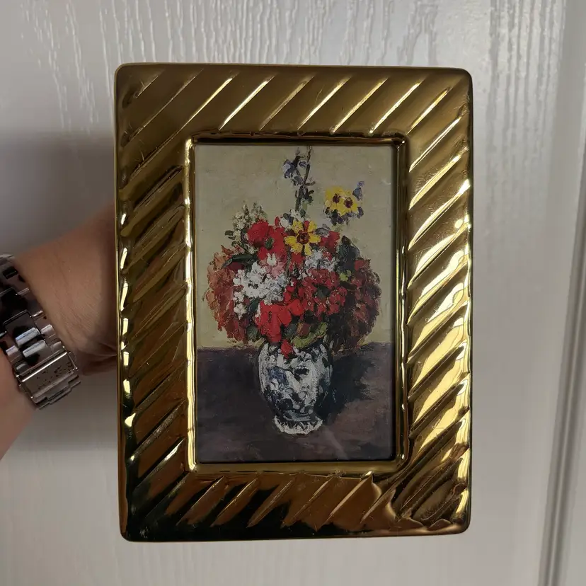 🐇Vintage Solid Brass Rectangular Frame w/‘Flowers in Delft Vase’ by Cezanne Print