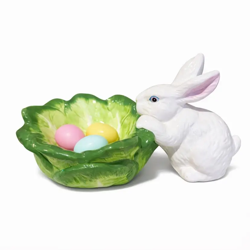 Vintage Bunny With Cabbage Leaf Bowl – Ceramic Rabbit Candy Dish – Cottage Garden Spring Decor