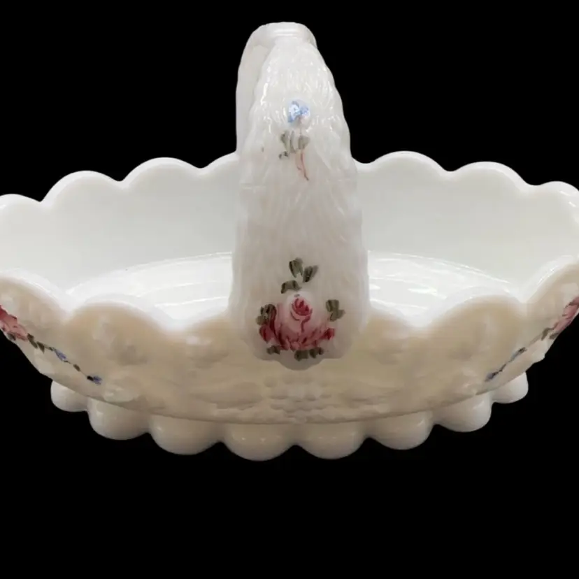 Westmoreland milk glass Grapevine pattern basket with hand-painted flowers
