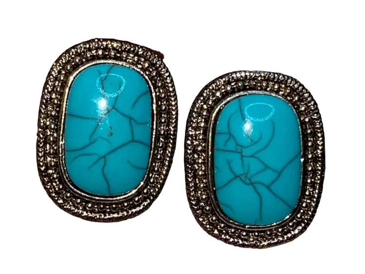Vintage 90s Faux Turquoise Oval Marcasite Clip On Earrings