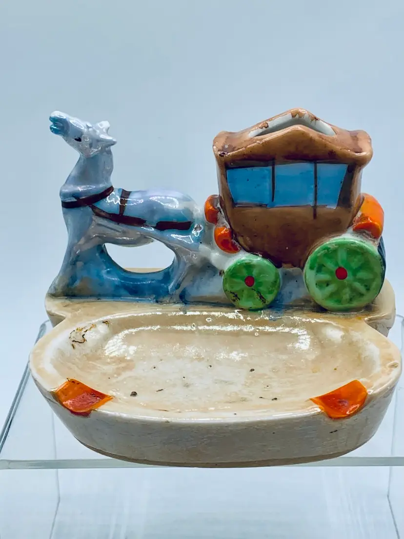 Vintage Horse and Covered Wagon Ashtray with Match/Lighter Holder Japan Ceramic