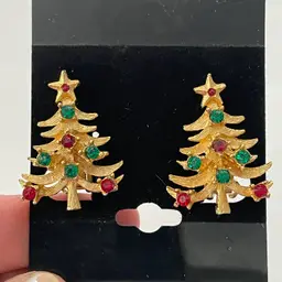 MYLU signed Christmas tree clip earrings