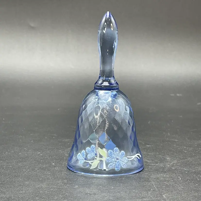Fenton Glass Small Blue Bell Hand Painted Flowers Signed Glows Vintage