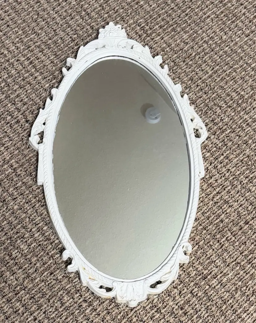 Vintage Ornate White Oval Wood Mirror Wall Hung Carved Flower Bow 22”H X  16” W