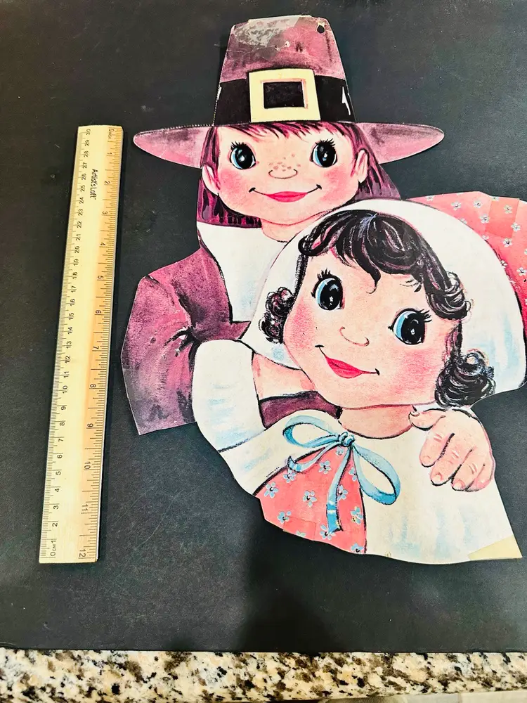 Vintage Cardboard Wall Decor Thanksgiving Pilgrims Orange Bonnet Brown Hat 16”