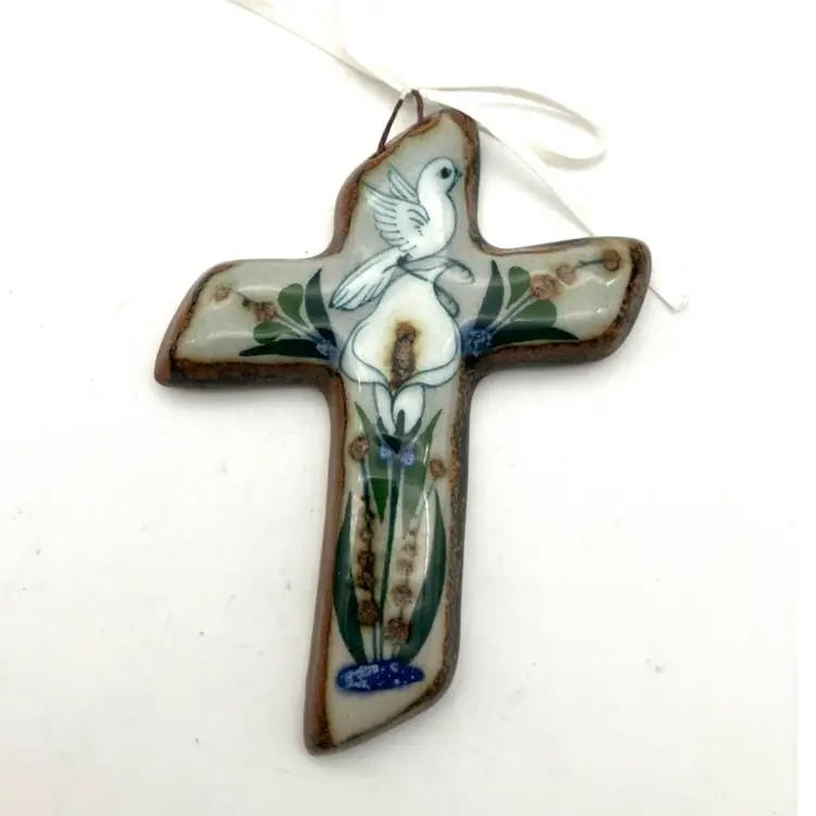 BIN - Hand Painted Tonala Mexico Folk Art Angled Cross With Bird Of Peace And Flowers 4.5”
