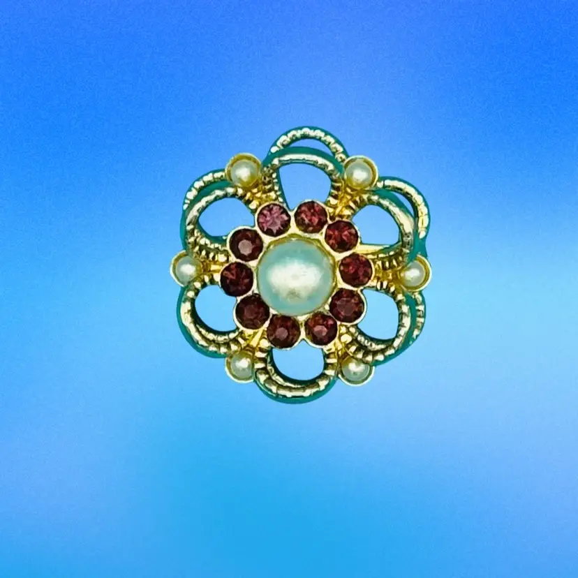 Vintage Faux Pearl & Garnet Colored Rhinestone Floral Brooch – Gold-Tone Openwork Petals