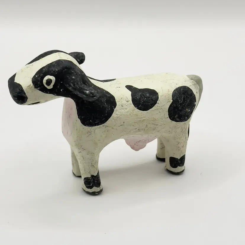 Handcrafted Folk Art Cow Figurine, Rustic Farmhouse Decor, Black and White, Unbranded