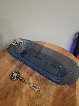 Blue Oblong Recycled Glass Tray/Serving Silver Metal Crab Figurine With Fork