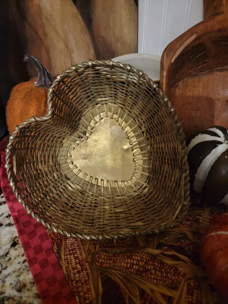 Brass Weaved Heart Shaped Vintage Basket