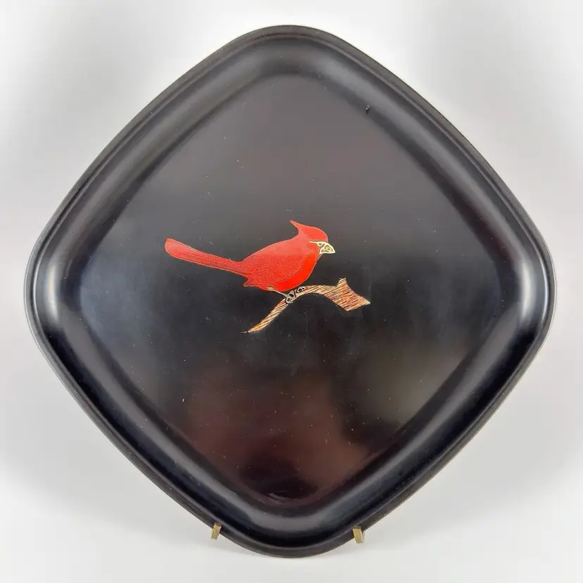 Vintage Couroc Red Cardinal Square Serving Tray, Inlaid Resin Bird, MCM Mid-Century Modern