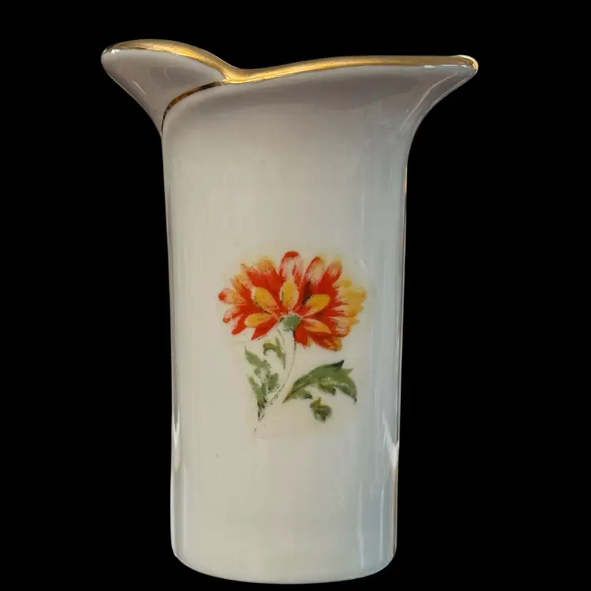 FFFT08 Zajecar White Ceramic Vase With Orange Flower Decal Front & Back, Goldtone Trim 2.5”x4.5”x2.25” Yugoslavia