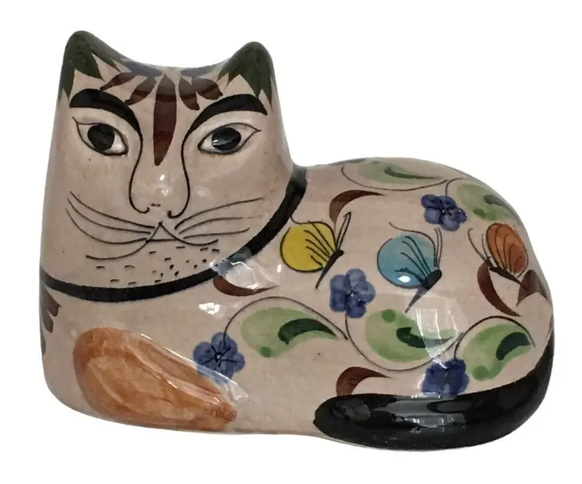 Tonala Mexican Pottery Cat Figurine Folk Art 5" Length Signed