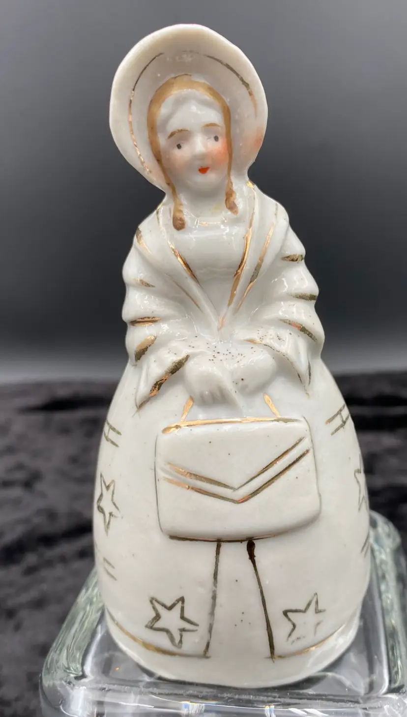 Vintage Porcelain Bell, Made in Japan, Victorian Woman holding Purse w/Gold Gilt
