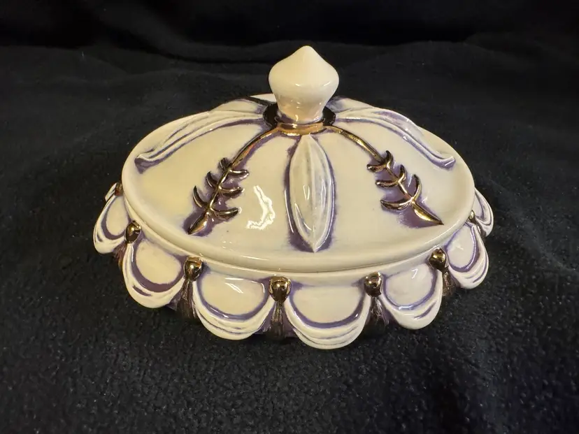 Vintage MCM Studio Art Pottery Covered Bowl Trinket Soap Dish Lid Ceramic Purple