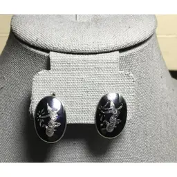 Exotic earrings, Siam sterling, temple dancers, niello, clip on, 1930s