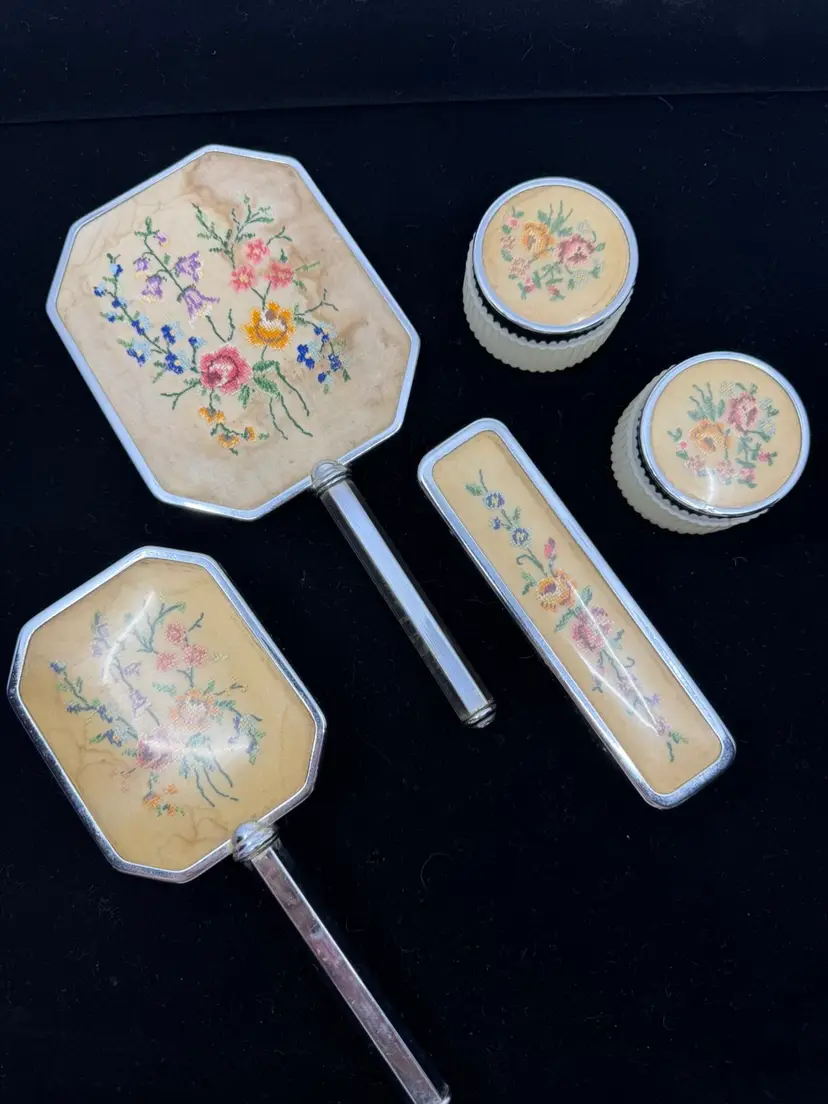 Vintage 5 Pc Lehmann Of London Floral Embroidered Vanity Set England