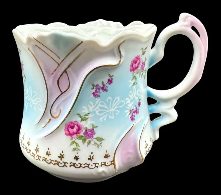 Vintage Porcelain Mustache Mug Cup Man Portrait Shaving White Blue Pink Germany